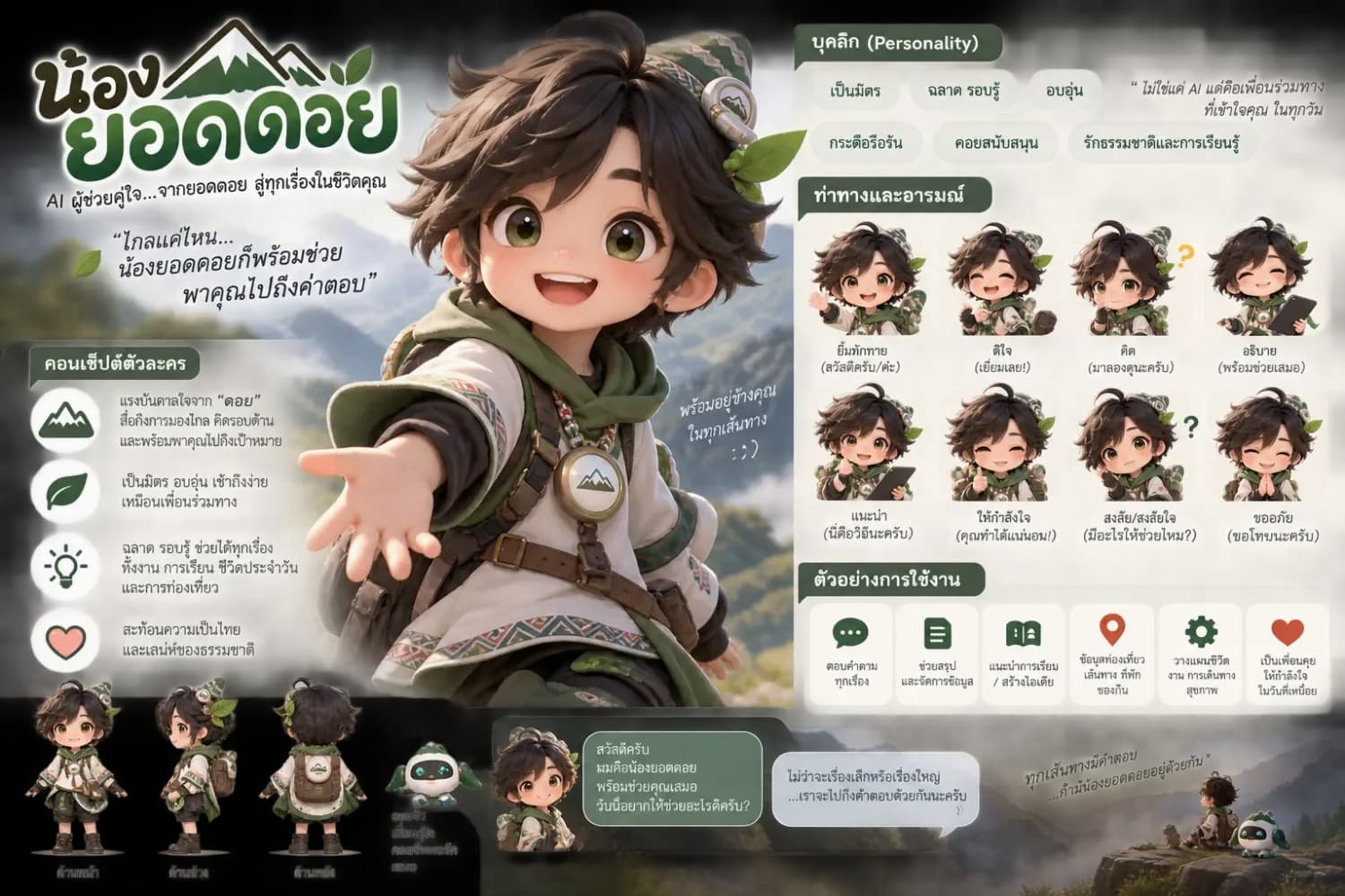 ภาพแนะนำตัวละครน้องยอดดอย บุคลิก ท่าทาง และตัวอย่างการใช้งาน